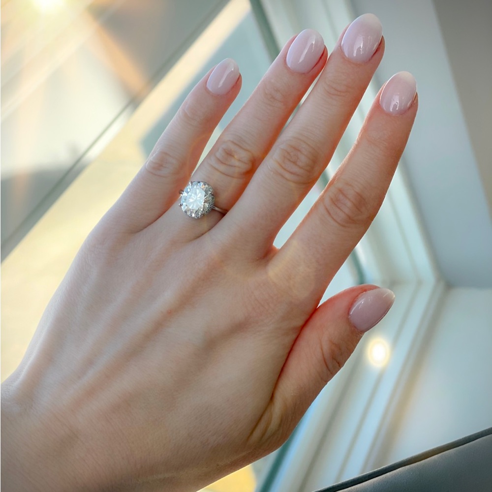 Scalloped Pave’ Lab created Diamond setting/ 11x9 Super Premium Oval Moissanite